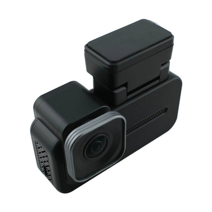 Side profile of WOLFBOX X5 dash cam with silver-rimmed lens and textured ventilation grille