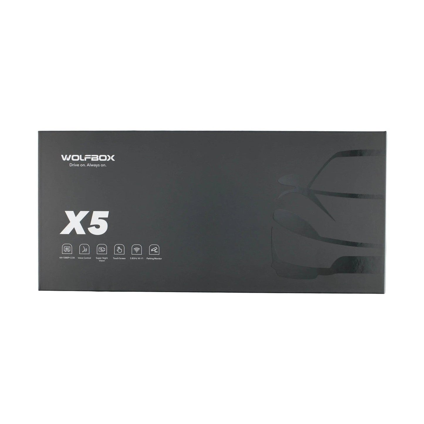 WOLFBOX X5 retail box showing 4K front, 2.5K rear, voice control, and parking monitor features