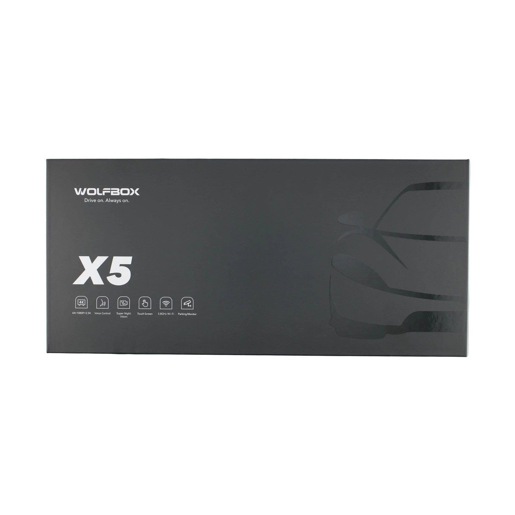 WOLFBOX X5 retail box showing 4K front, 2.5K rear, voice control, and parking monitor features