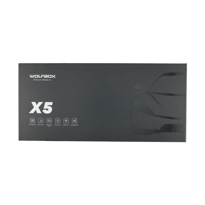 WOLFBOX X5 retail box showing 4K front, 2.5K rear, voice control, and parking monitor features