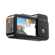 WOLFBOX X5 flip-out screen displaying split 4K road and interior cabin recording view