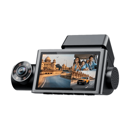 WOLFBOX i07 black 3-channel dash cam with 12-inch split-screen showing front road and cabin view