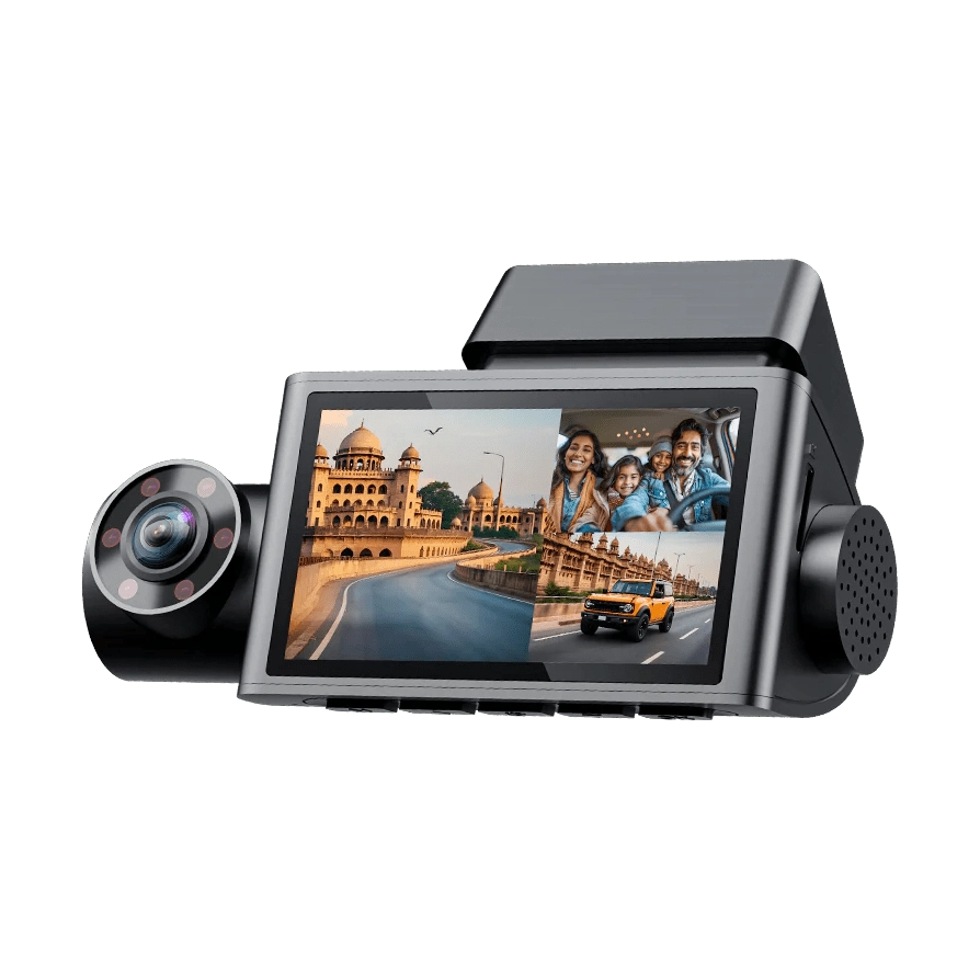 WOLFBOX i07 black 3-channel dash cam with 12-inch split-screen showing front road and cabin view
