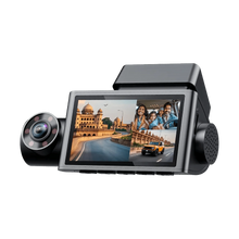 WOLFBOX i07 black 3-channel dash cam with 12-inch split-screen showing front road and cabin view