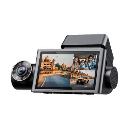 WOLFBOX i07 black 3-channel dash cam with 12-inch split-screen showing front road and cabin view