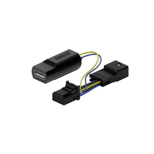 Car adapter with USB connector and wiring on a white background