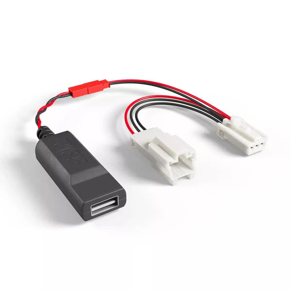 Car adapter with USB connector and wiring on a white background