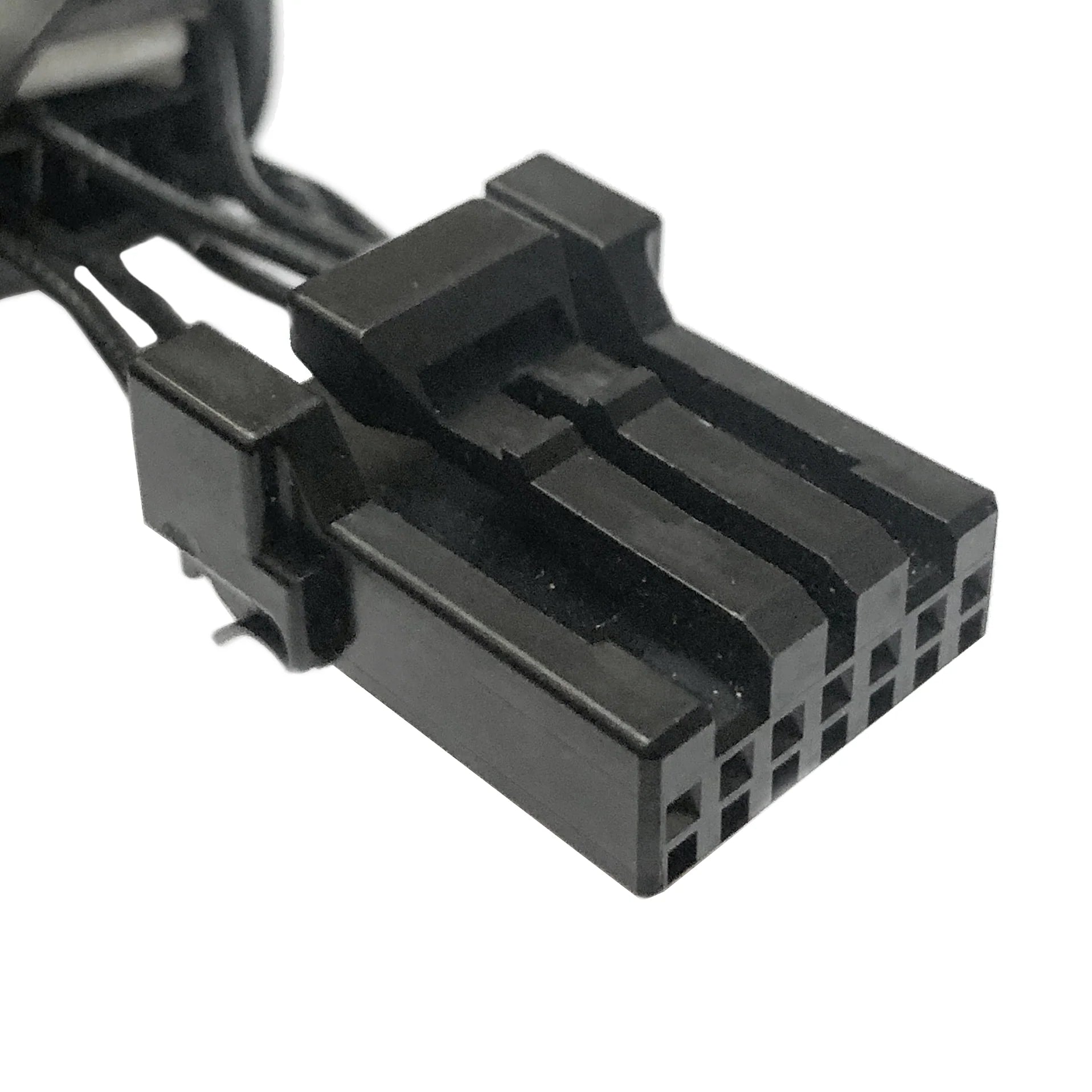 Black computer power cable connector on a white background