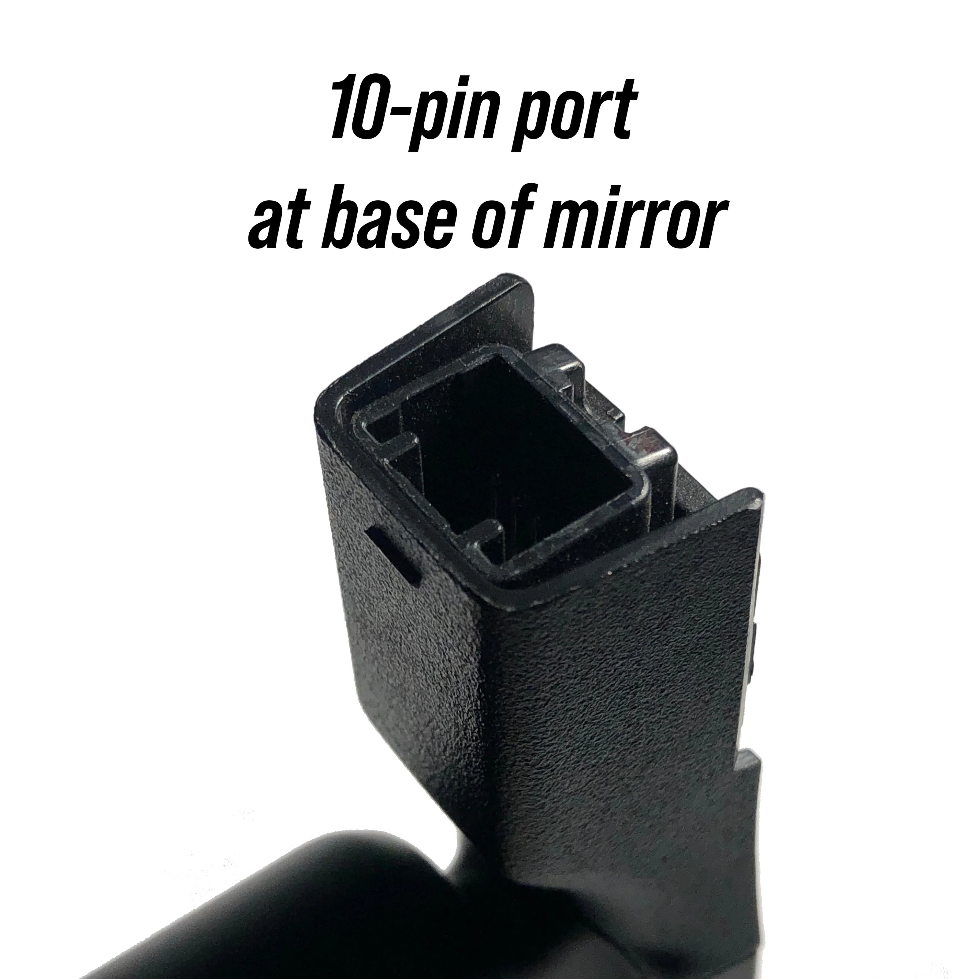 Black 10-pin port at the base of a mirror on a white background