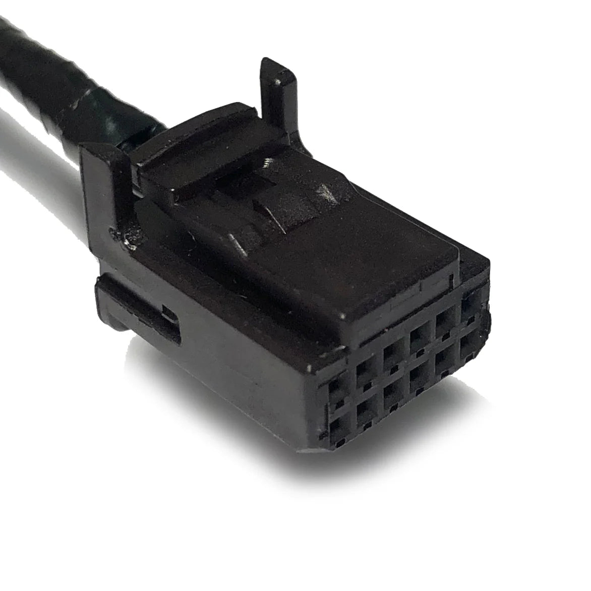 Black electrical connector with multiple pins on a white background