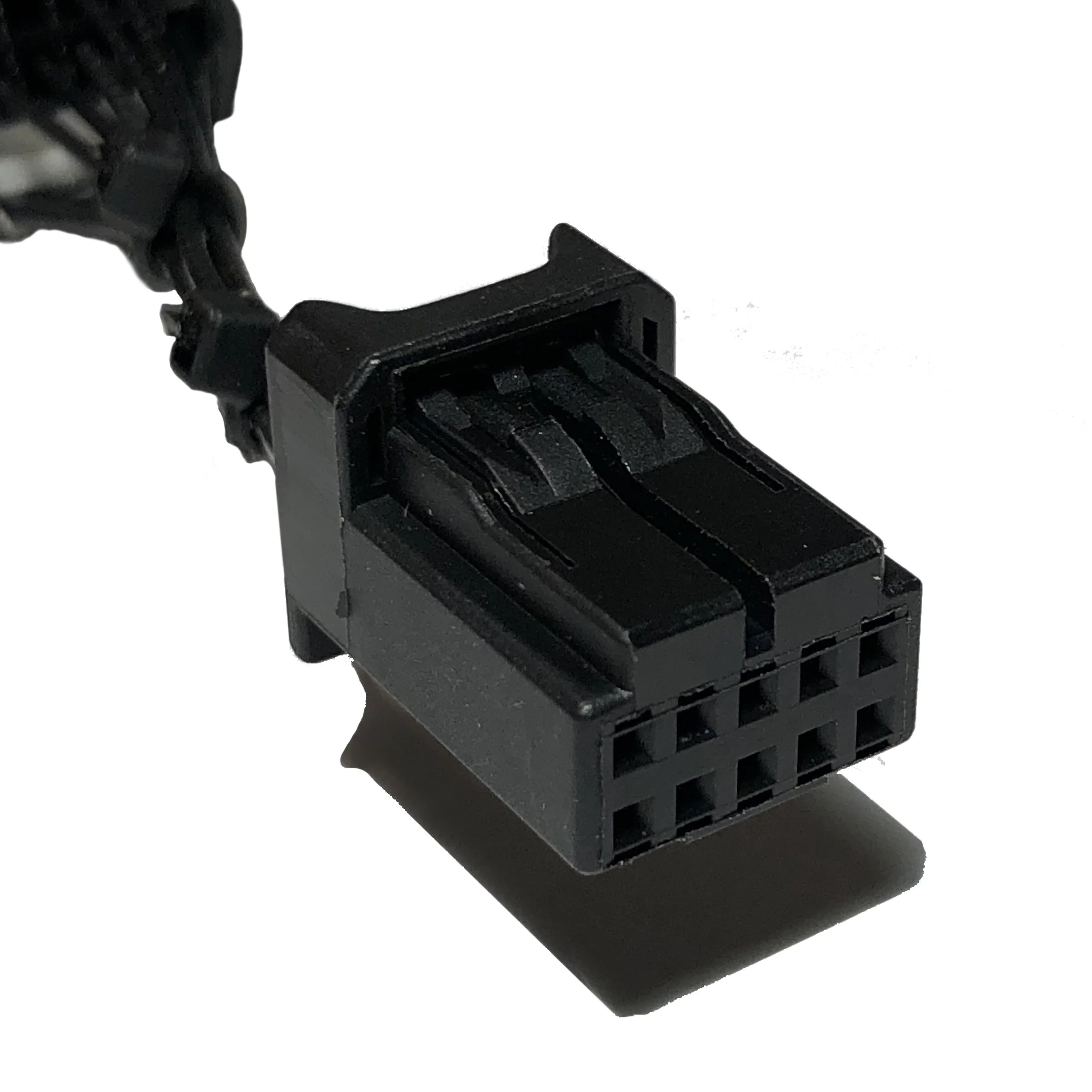 Black electrical connector with wires on a white background
