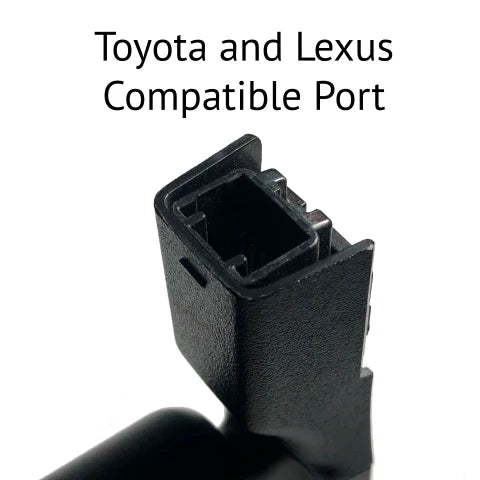 Black car diagnostic port compatible with Toyota and Lexus on a white background