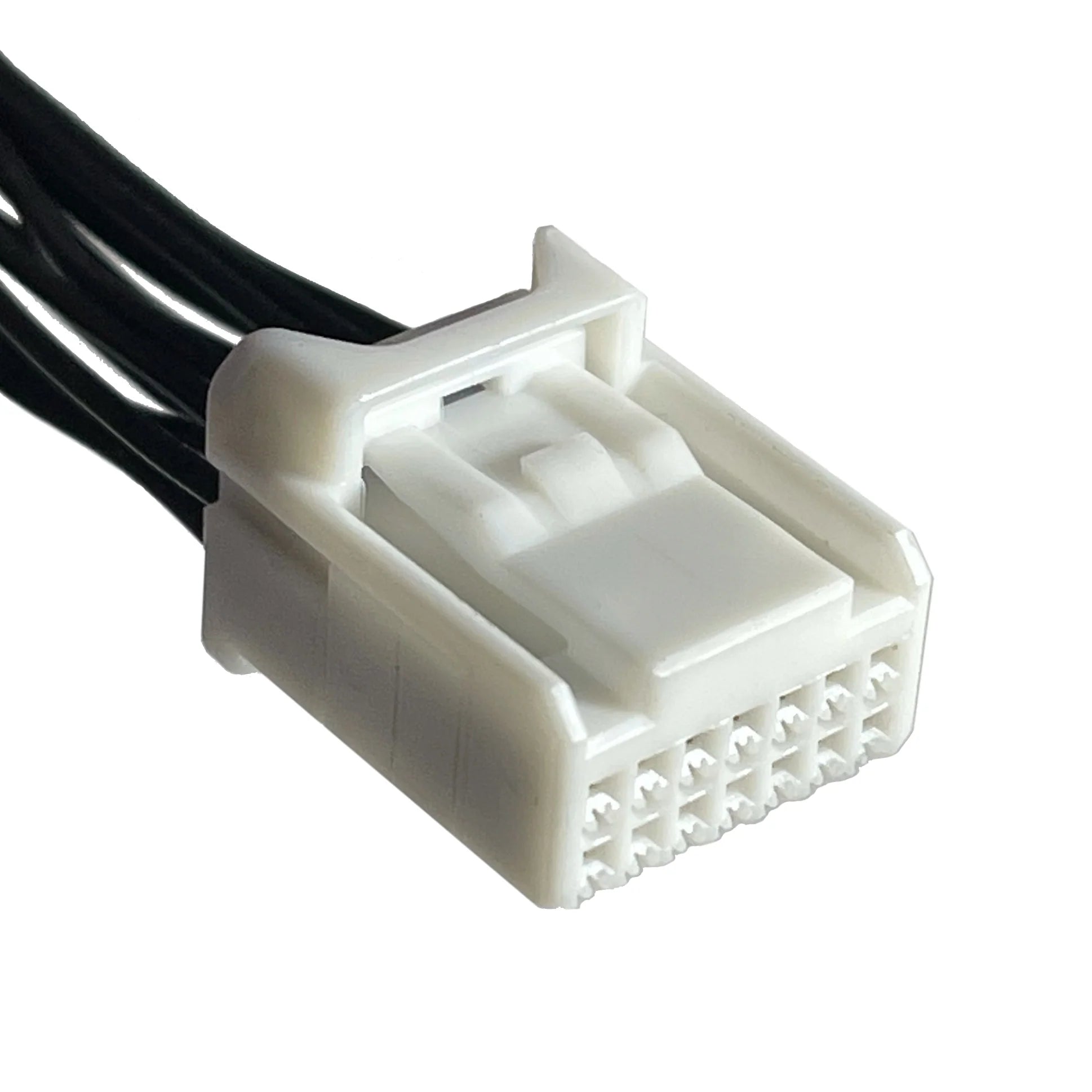 Car audio connector with black cable on a white background