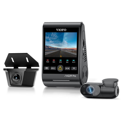 VIOFO A229 Pro-W 3CH waterproof rear camera on its bracket, 4K front camera and cabin camera