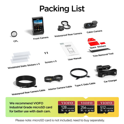 VIOFO A229 Pro-W 3CH packing list: front, rear and cabin cameras, CPL filter, cables, car charger and static stickers